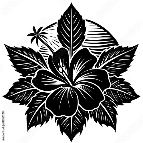 Tropical Hibiscus Flower With Palm Tree In Black And White Engraving Style