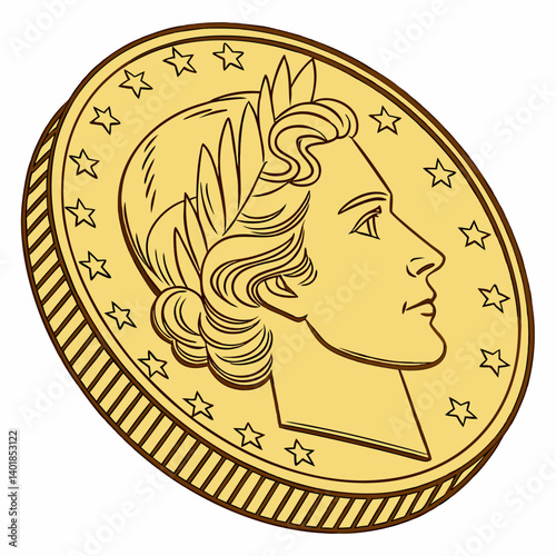 Gold Coin With Profile And Star Pattern Representing Wealth And Prosperity