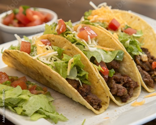 Beef tacos filled with shredded lettuce, diced tomatoes, and cheese, served on a white plate.