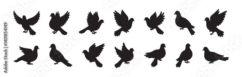 Pigeon silhouette collecton set. Flying and resting doves illustration. Pigeon in various poses.