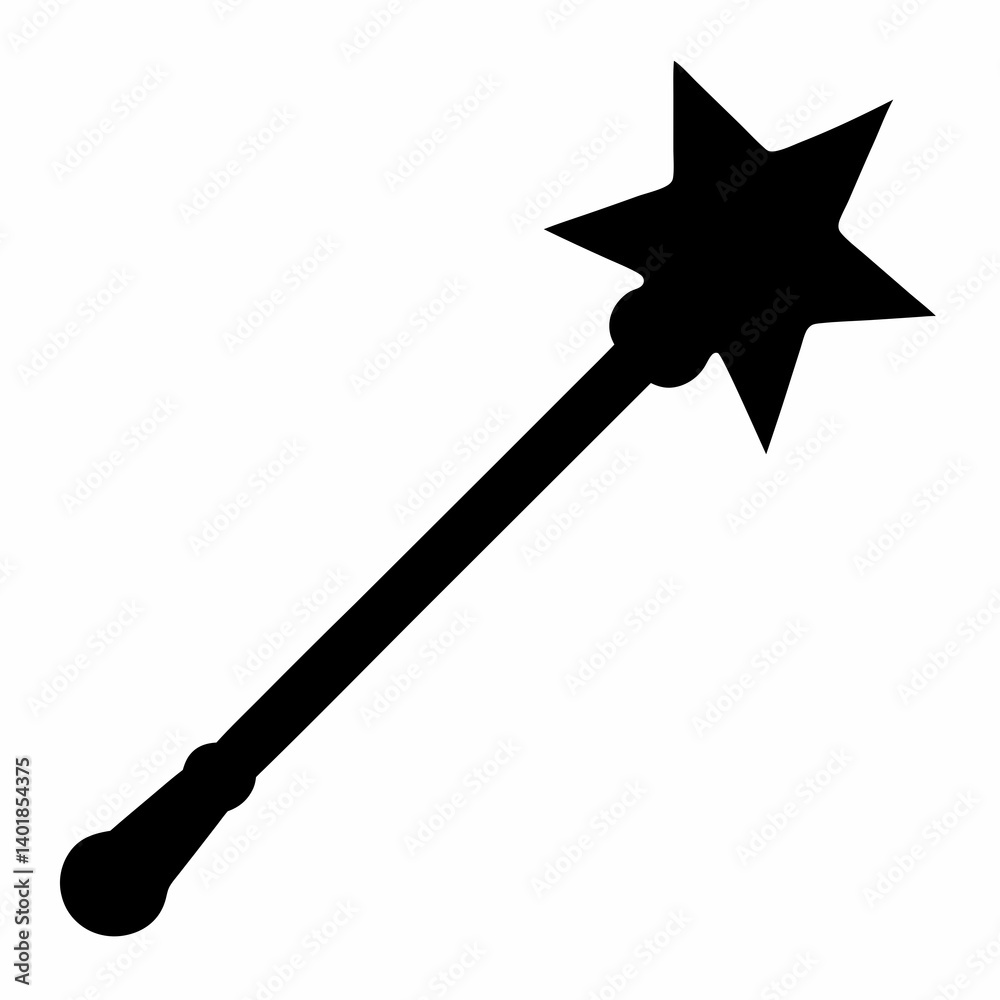 Black Silhouette Of A Magic Wand With Star Tip On White Background Black Silhouette Of A Magic Wand With Star Tip On White Background