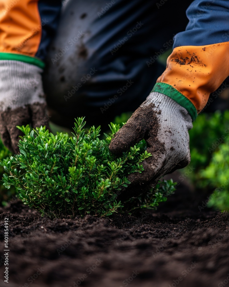 Fototapeta premium Landscape worker planting shrubs in a commercial garden project. Featuring greenery and meticulous care