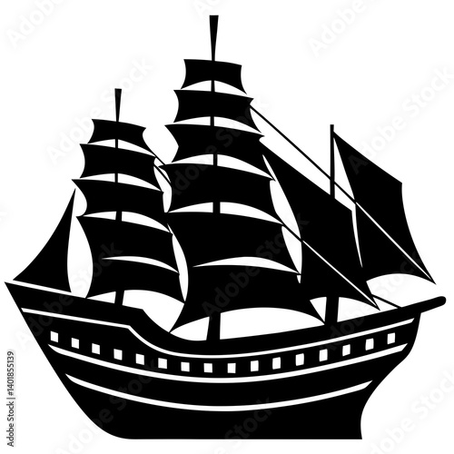 Silhouette Of An Antique Sailing Ship With Detailed Masts And Sails