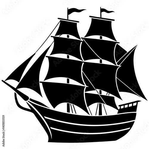 Silhouette Illustration Of A Majestic Sailing Ship With Intricate Details And Classic Design
