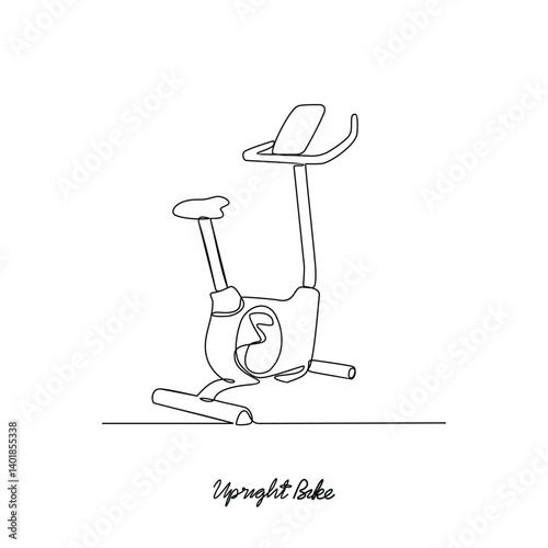 One continuous line drawing of a Upright Bike tools for gymnastics at fitness center vector illustration. Gymnastic tools type in simple linear style vector concept. Suitable for educational purpose.