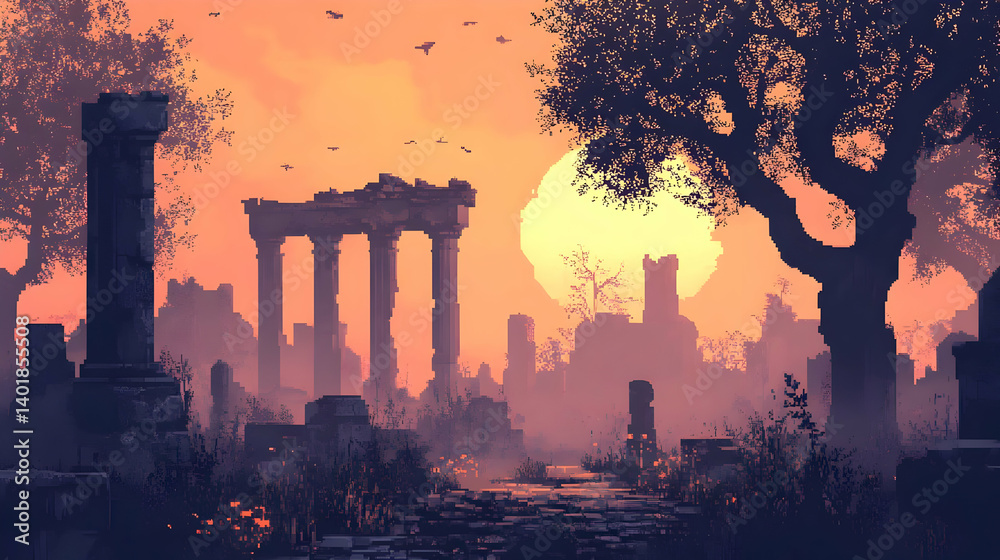 Fototapeta premium Pixel Art of Ancient Ruins at Sunset with Orange Sky Trees and Stone Columns