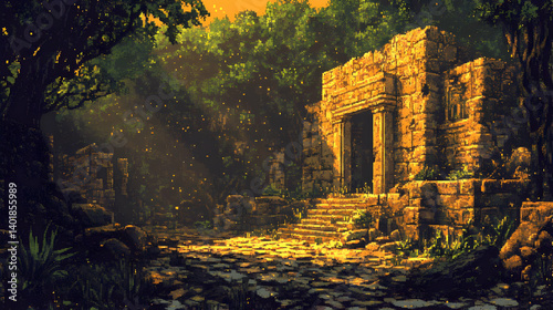 Pixel Art of Ancient Stone Ruins in Lush Forest with Sunlight Filtering Through Trees and Pathway at Golden Evening with Vegetation