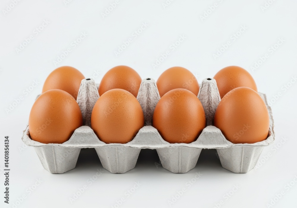 A front view of eight brown eggs arranged in a gray carton on a white background studio shot image A front view of eight brown eggs arranged in a gray carton on a white background studio shot image