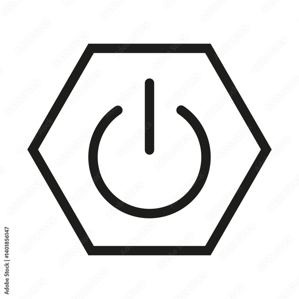 A power button embedded in a hexagon for system control. A power button embedded in a hexagon for system control.