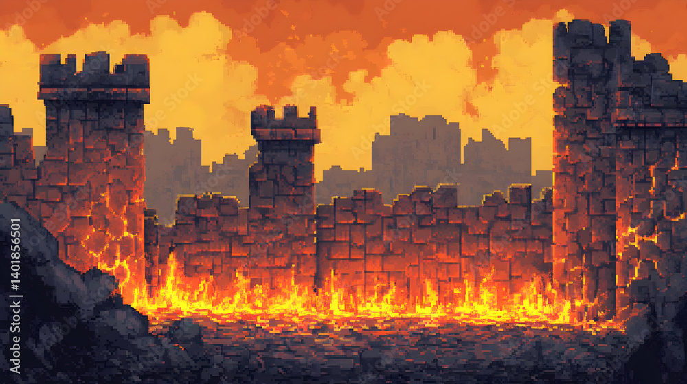 Naklejka premium Pixel Art of Burning Stone Castle Ruins with Orange Sky and Distant Cityscape in a Dystopian Landscape