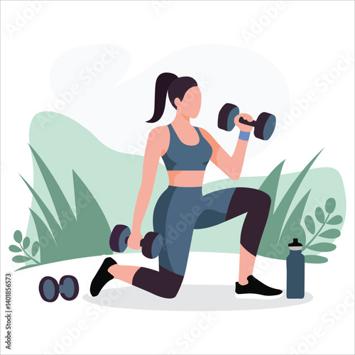 Fitness Woman Exercising with Dumbbells Vector Illustration