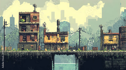 Pixel Art of Dilapidated Buildings in a Post Apocalyptic Urban Landscape with a Grunge Texture and Distant Cityscape