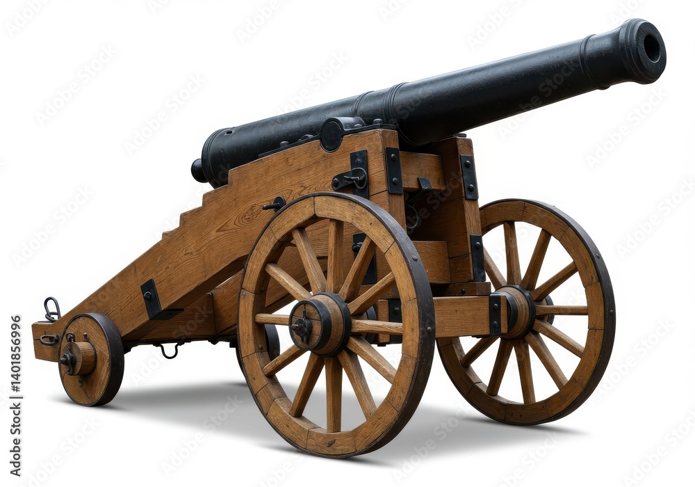 A classic cannon with a black barrel and wooden carriage on a white background in a studio setting A classic cannon with a black barrel and wooden carriage on a white background in a studio setting