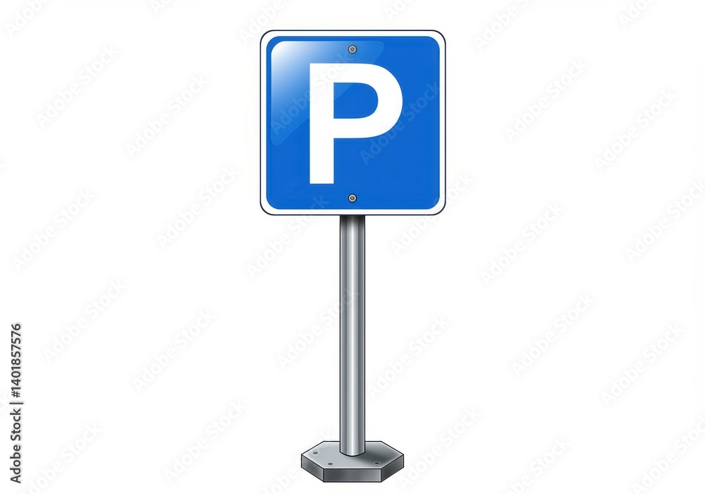 A blue parking sign with a large white p mounted on a metal pole against a white background space for cars A blue parking sign with a large white p mounted on a metal pole against a white background space for cars