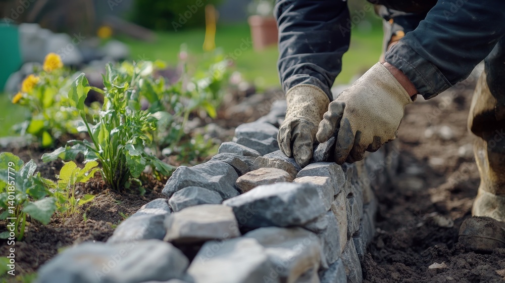 Fototapeta premium Mason building a stone garden border. Featuring craftsmanship and design focus