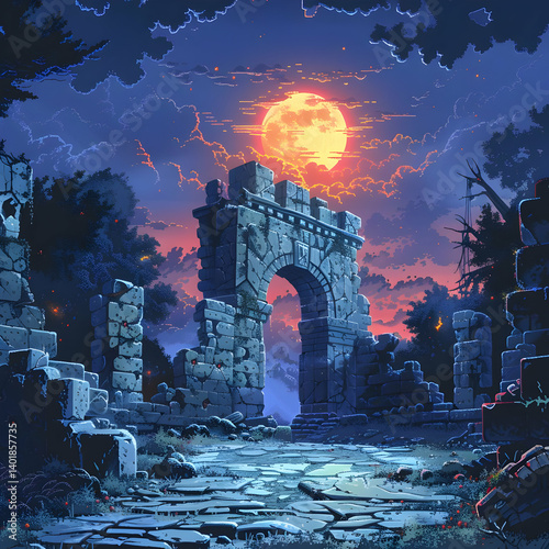 Pixel Art of Stone Ruin Archway Under Orange Full Moon at Dusk in Nature Landscape with Blue Sky and Scattered Cloud