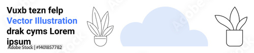 Potted plants with leafy design, a blue cloud shape, and styled placeholder text. Ideal for nature branding, eco-friendly themes, digital design, creative projects, wellness, decor concepts flat