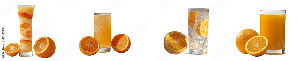 Orange Drinks in Glasses with Sliced Oranges on Transparent Background Orange Drinks in Glasses with Sliced Oranges on Transparent Background