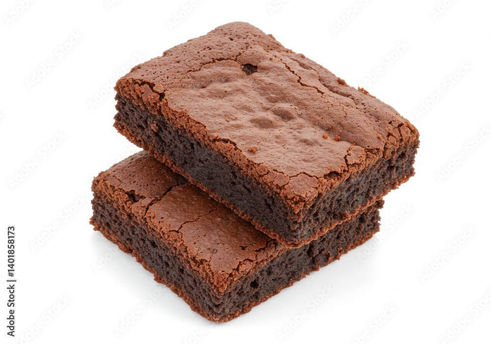 Two delicious chocolate brownies stacked on top of each other on a white isolated background Two delicious chocolate brownies stacked on top of each other on a white isolated background