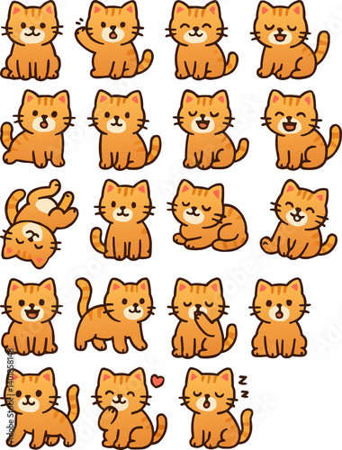 set of cute orange cat animals stickers icons in various pose vector illustration