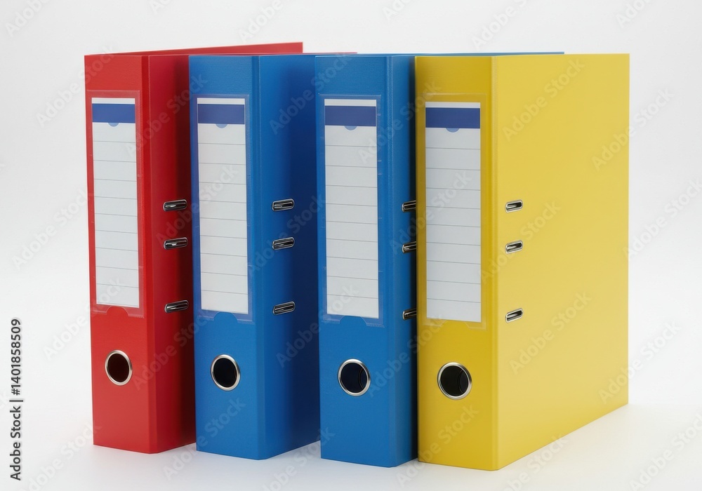 A row of colorful ring binders in red blue and yellow on a white surface in a studio setting