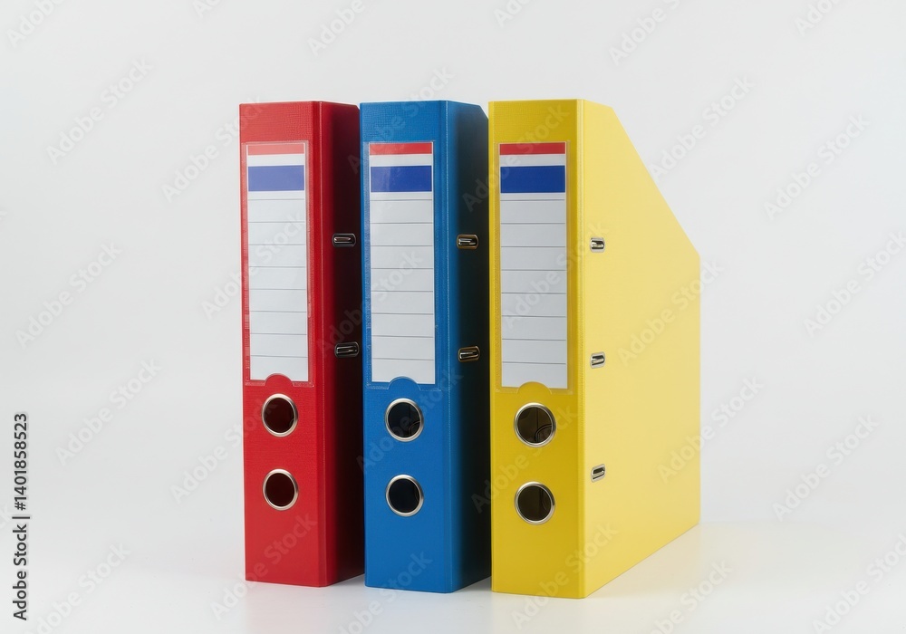 A close up view of three lever arch files in red blue and yellow on a white background studio shot A close up view of three lever arch files in red blue and yellow on a white background studio shot