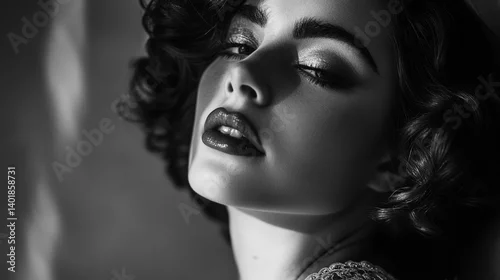 Obraz Black and white portrait of woman with curly hair and red lips beauty fashion photography