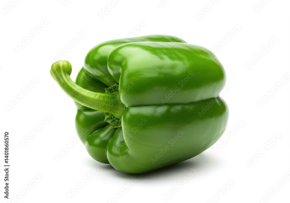 A single vibrant green bell pepper isolated on a plain white background in a studio setting A single vibrant green bell pepper isolated on a plain white background in a studio setting
