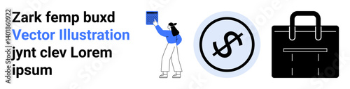 Woman placing a document on a shelf, dollar emblem signifying finance, and a business briefcase. Ideal for finance, organization, business, planning, management, economy simple landing page