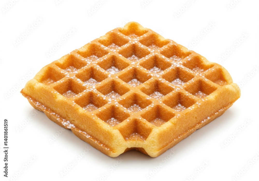 A single square waffle dusted with powdered sugar on a plain white background in close up view A single square waffle dusted with powdered sugar on a plain white background in close up view