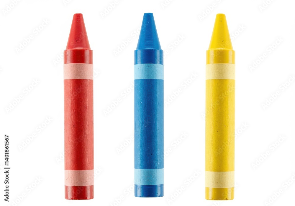 Isolated image of three crayons in red blue and yellow color on a white background in a studio shot
