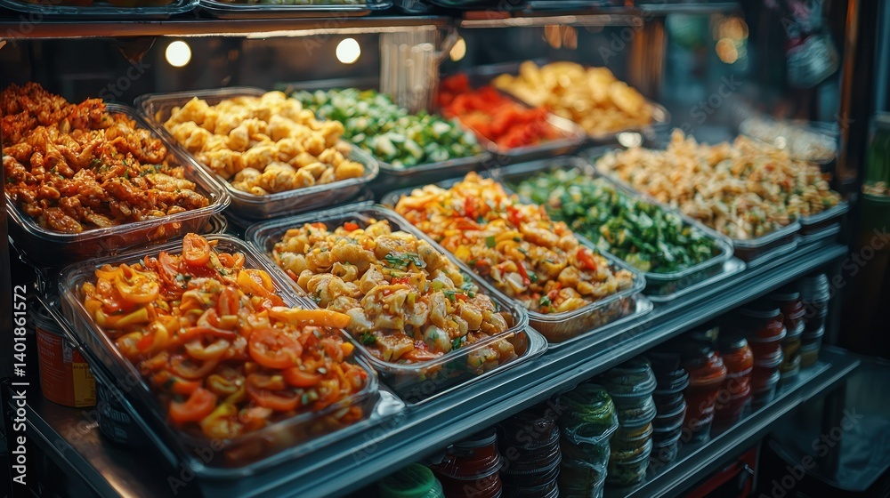 A Night Market's Diverse Culinary Delights: A Vibrant Array of Asian-Inspired Dishes Ready to Tempt Your Taste Buds. A Night Market's Diverse Culinary Delights: A Vibrant Array of Asian-Inspired Dishes Ready to Tempt Your Taste Buds.