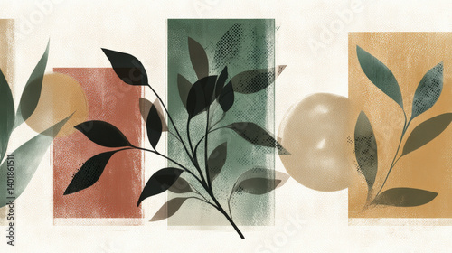 A serene art poster showcasing organic plant silhouettes and glossy pearl elements, framed by soft rectangular overlays in sage green and warm ochre, clean design with vintage textures