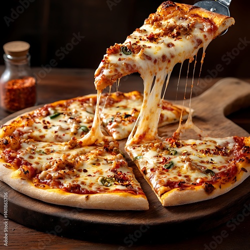 Delicious pizza slice with melted cheese and meat topping