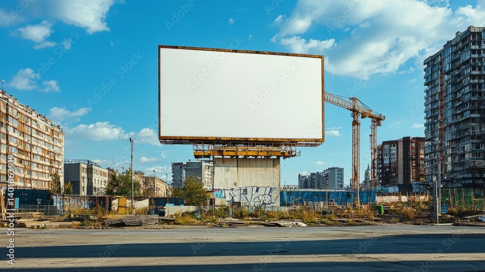 Empty Billboard in Urban Area Against Clear Blue Sky and Clouds Empty Billboard in Urban Area Against Clear Blue Sky and Clouds