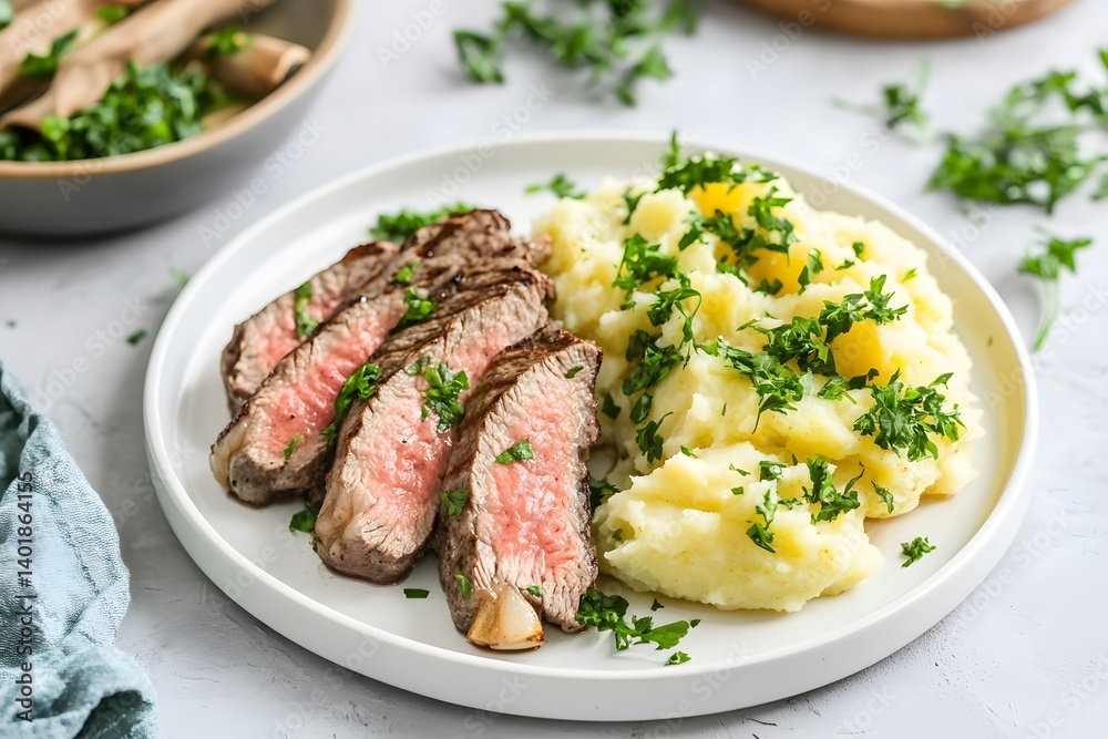 Delicious Grilled Steak Slices with Creamy Mashed Potatoes and Parsley Garnish Delicious Grilled Steak Slices with Creamy Mashed Potatoes and Parsley Garnish