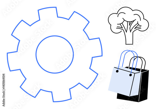 Gear symbol for industry, tree for environment, and shopping bag for consumerism illustrate balance and connection between manufacturing, nature, and commerce. Ideal for sustainability, ecology