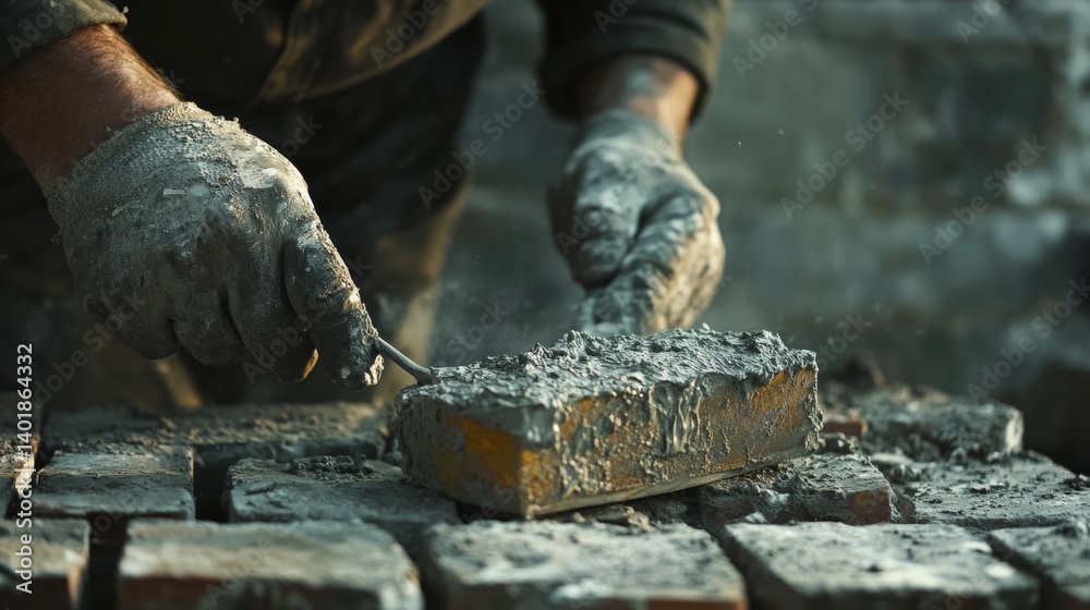 Mason using a trowel to spread mortar on bricks. Featuring craftsmanship and technique