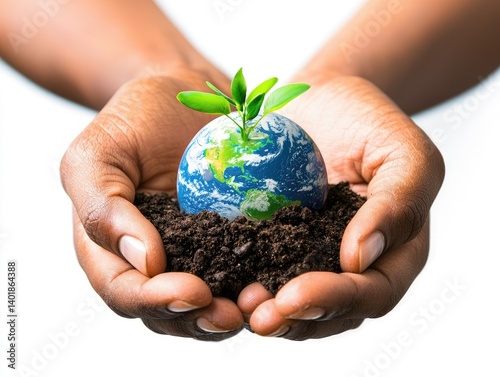 Earth in hands, a seedling sprouts.  Hands gently cradle a miniature globe of Earth planted in soil, with a small seedling emerging