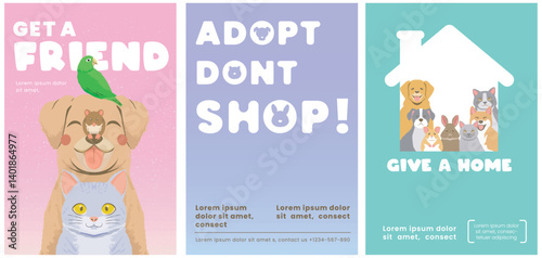 pet adoption template for poster flyer cover. get a friend dog, cat, rabbit, bird, hamster.
