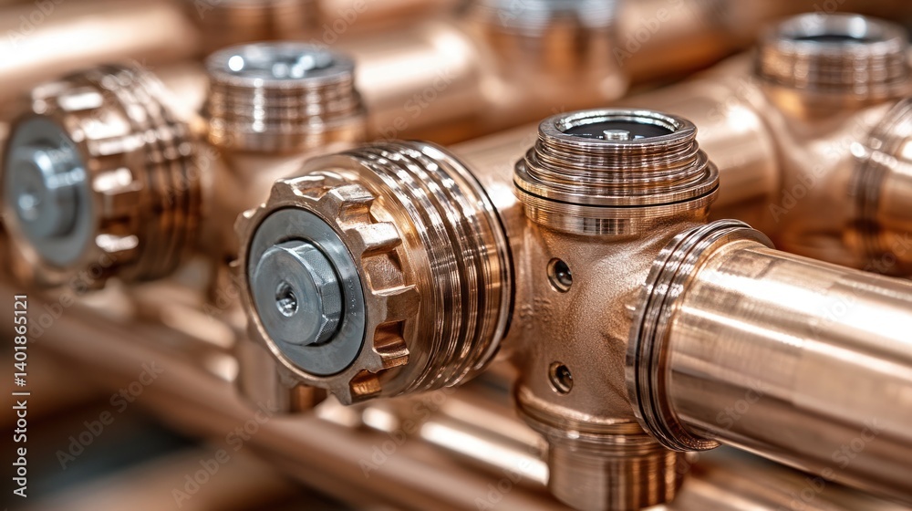 Close-up view of intricate copper plumbing fittings with precision machining details. Close-up view of intricate copper plumbing fittings with precision machining details.