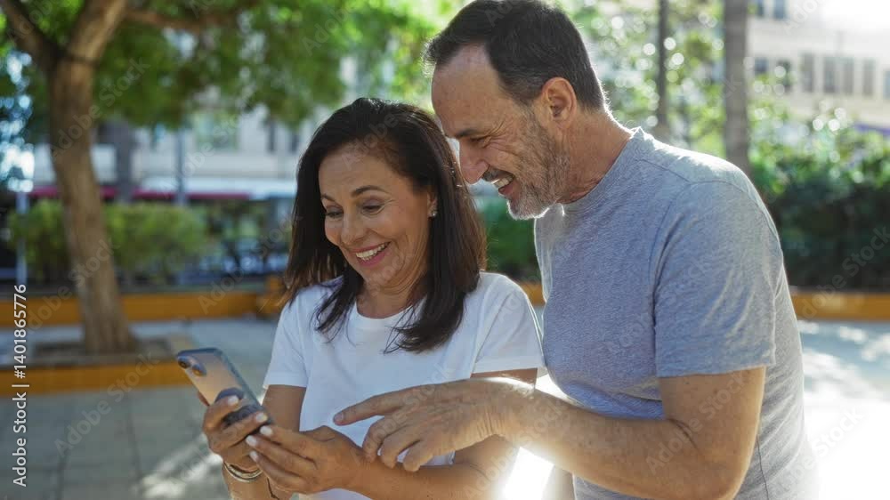 Middle-aged hispanic couple enjoying outdoor time in urban park smiling over smartphone city landscape