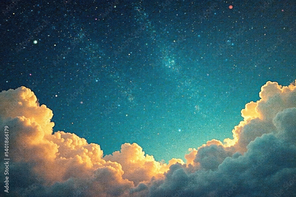 Retro-styled sky pattern on aged paper with abstracted constellations and clouds, abstract art, vintage aesthetic