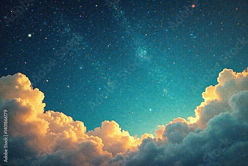 Retro-styled sky pattern on aged paper with abstracted constellations and clouds, abstract art, vintage aesthetic