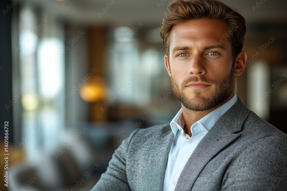 Obraz premium Confident man in blazer, piercing gaze, blurred interior, stylish and modern look