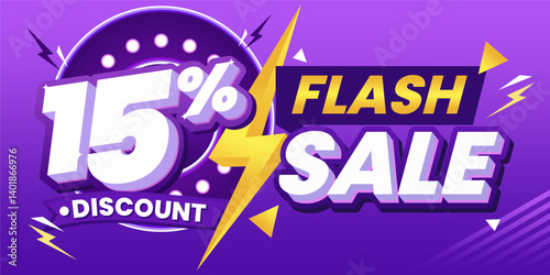 15% Flash Sale Discount Banner with Vibrant Purple Lightning Design