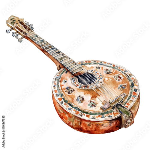 watercolor of Sitar With A Large Resonator, vector, isolated on a white background.