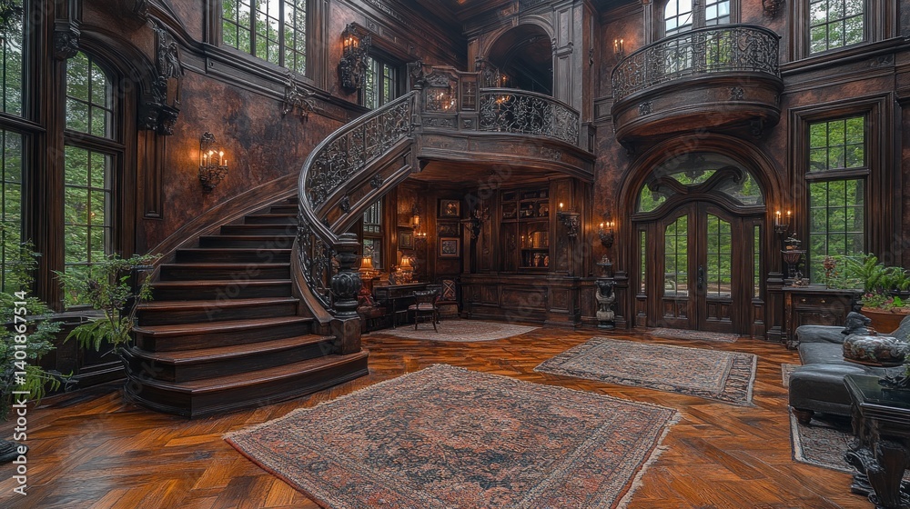 Obraz premium Grandiose Wooden Staircase in a Luxurious Mansion