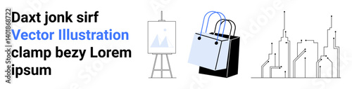 Blue and black shopping bag, blank easel canvas, and minimalist urban skyline outline. Ideal for shopping, creativity, design, architecture, minimalism, branding flat landing page banner