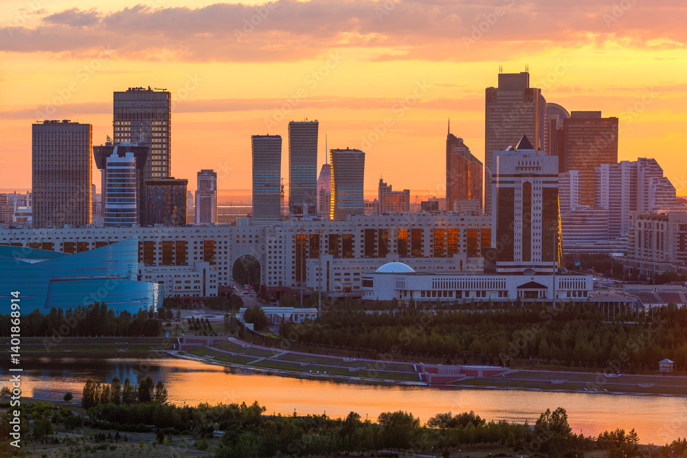 Fototapeta premium Beautiful sunset over the central part of the capital of Kazakhstan, Astana